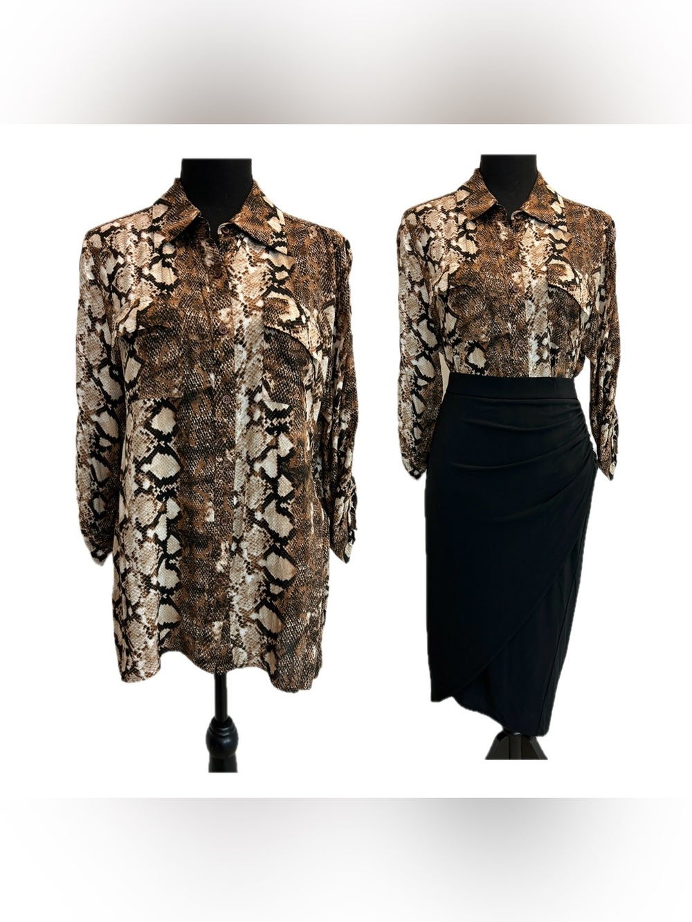 Women’s brown snake print button front shirt blouse roll tab sleeve Sz L